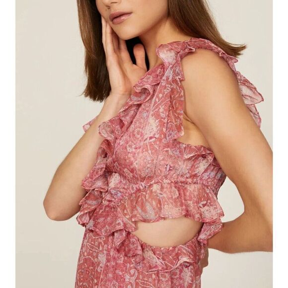 MISA Natasha Dress Womens Large Pink Floral Cut Out Midi Ruffle V-Neck Sheer - Picture 2 of 16